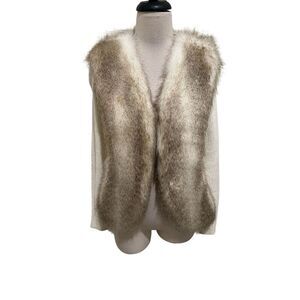 LaSeine Women's Faux Fur Open Front Knit Cardigan Sweater White Tan Small